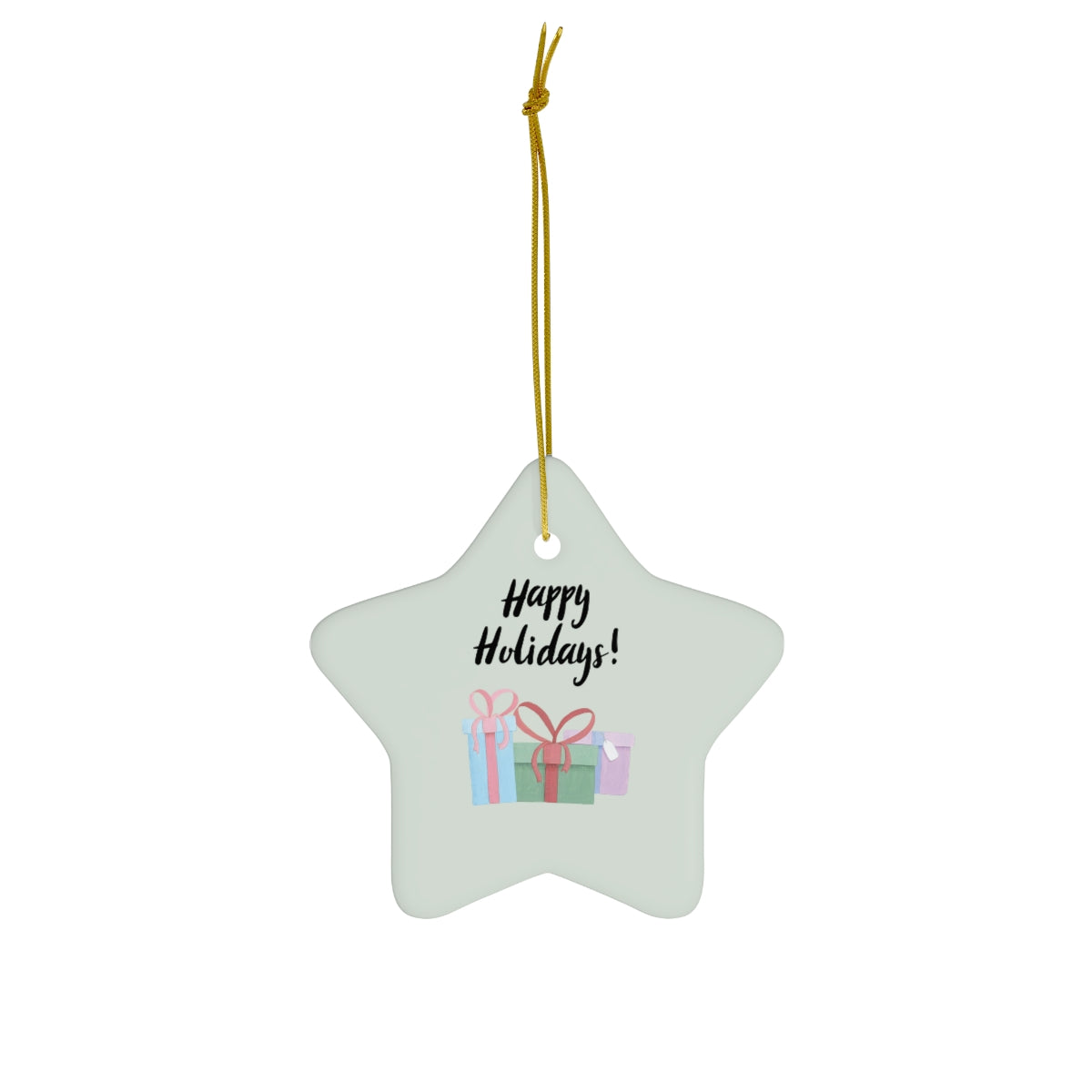Meraki Paper - Ceramic Holiday Ornament - Happy Holidays &amp; Presents - Star - Front View