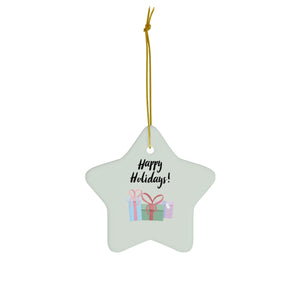 Meraki Paper - Ceramic Holiday Ornament - Happy Holidays & Presents - Star - Front View