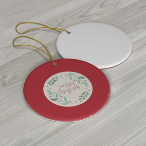 Meraki Paper - Ceramic Holiday Ornament - Merry Christmas Wreath - Circle - Back View