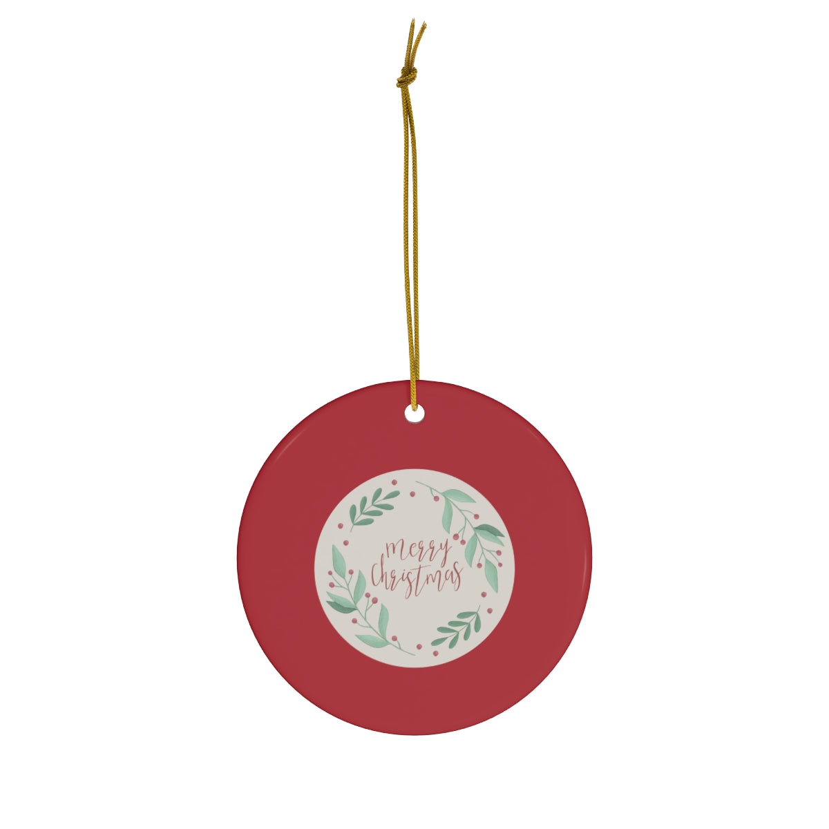Meraki Paper - Ceramic Holiday Ornament - Merry Christmas Wreath - Circle - Front View