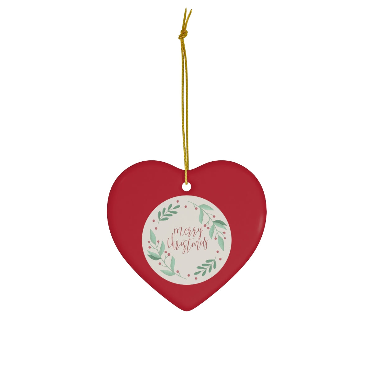 Meraki Paper - Ceramic Holiday Ornament - Merry Christmas Wreath - Heart - Front View