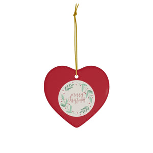 Meraki Paper - Ceramic Holiday Ornament - Merry Christmas Wreath - Heart - Front View