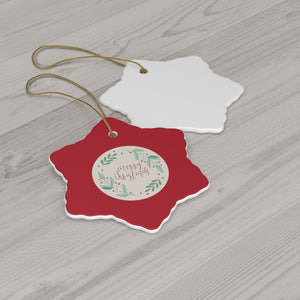 Meraki Paper - Ceramic Holiday Ornament - Merry Christmas Wreath - Snowflake - Back View