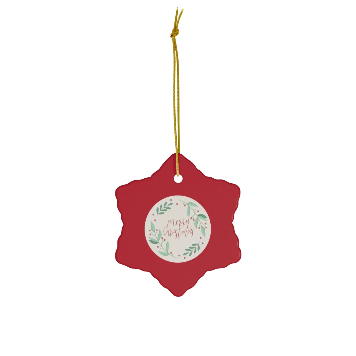 Meraki Paper - Ceramic Holiday Ornament - Merry Christmas Wreath - Snowflake - Front View