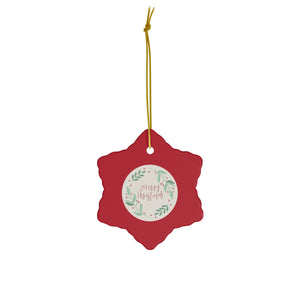 Meraki Paper - Ceramic Holiday Ornament - Merry Christmas Wreath - Snowflake - Front View