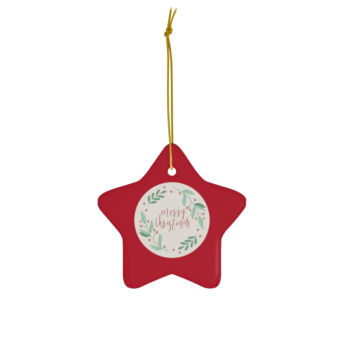 Meraki Paper - Ceramic Holiday Ornament - Merry Christmas Wreath - Star - Front View