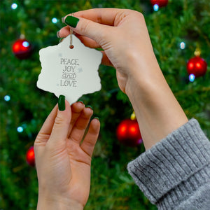 Meraki Paper - Ceramic Holiday Ornament - Peace, Joy & Love - Snowflake - In Use