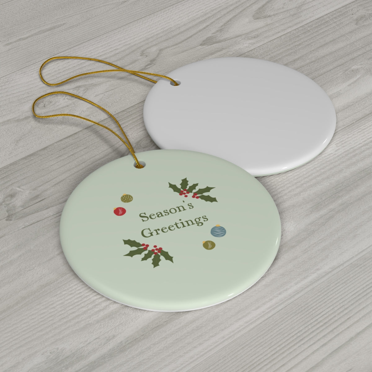 Meraki Paper - Ceramic Holiday Ornament - Season&#39;s Greetings - Circle - Back View
