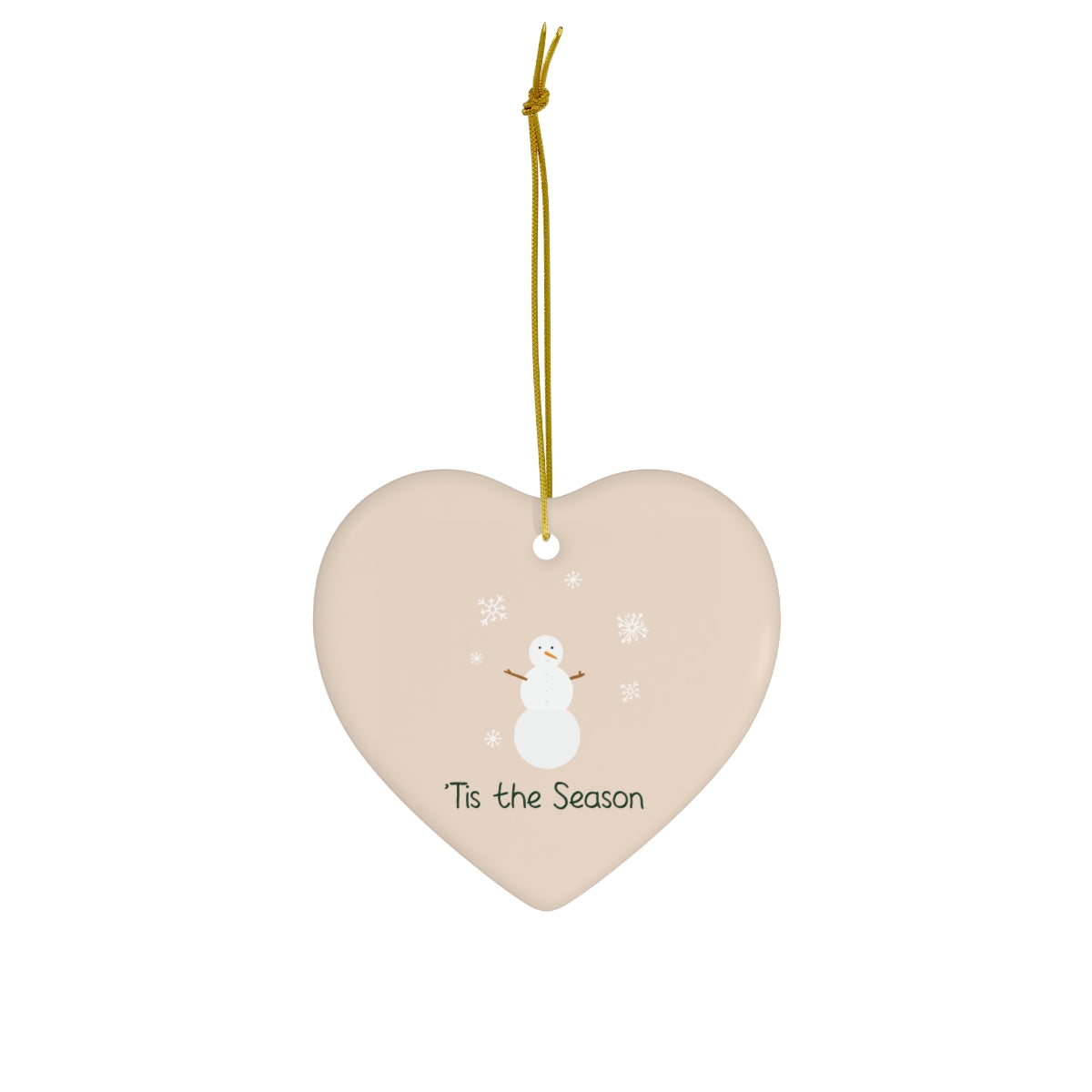 Meraki Paper - Ceramic Holiday Ornament - Tis the Season Snowman - Heart - Front View