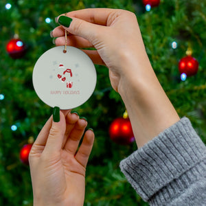 Meraki Paper - Ceramic Ornament - Red Happy Holidays - Circle - In Use