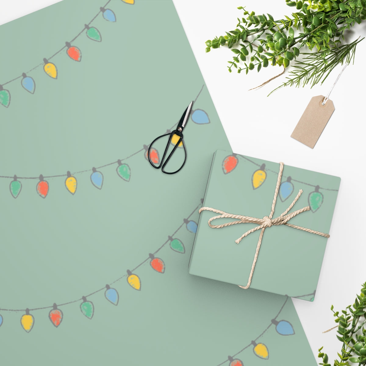 Meraki Paper - Green Holiday Wrapping Paper - Christmas Lights - In Use