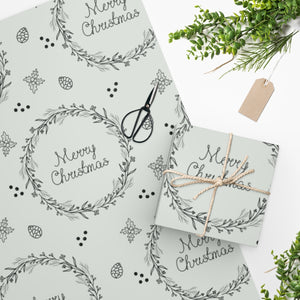 Meraki Paper - Holiday Wrapping Paper - Black Merry Christmas Wreaths - In Use