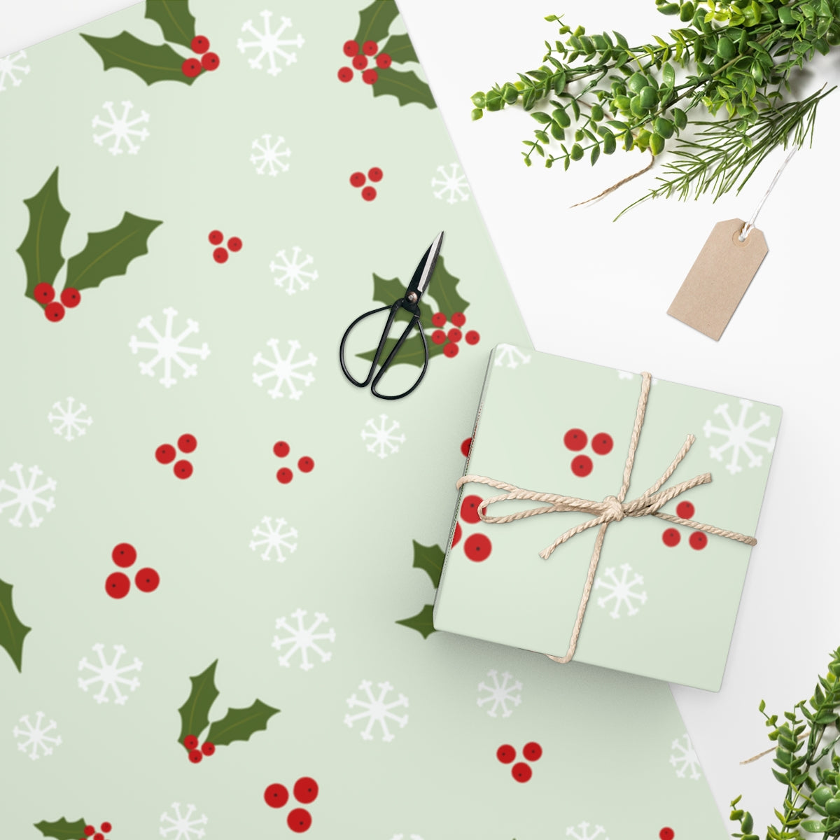 Meraki Paper - Holiday Wrapping Paper - Holly &amp; Snowflakes - In Use