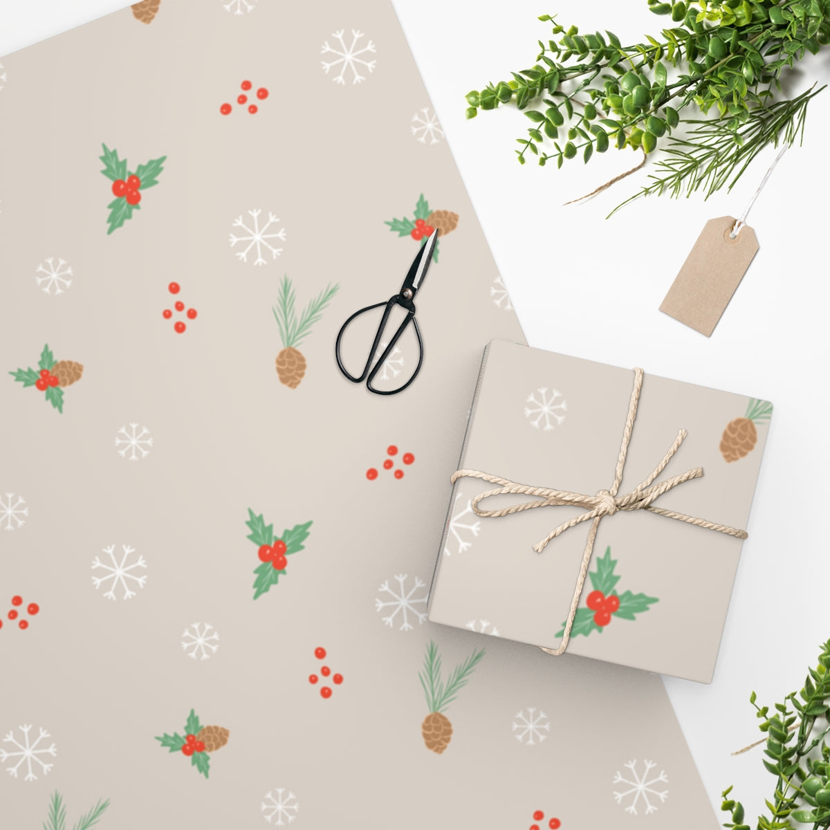 Meraki Paper - Holiday Wrapping Paper - Pinecones &amp; Snowflakes - In Use