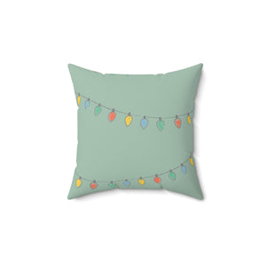 Meraki Paper - Polyester Square Holiday Green Pillowcase - Christmas Lights - 14x14 - Front View