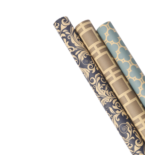 Natural Damask Reversible Kraft Wrapping Paper - 3 Roll Pack