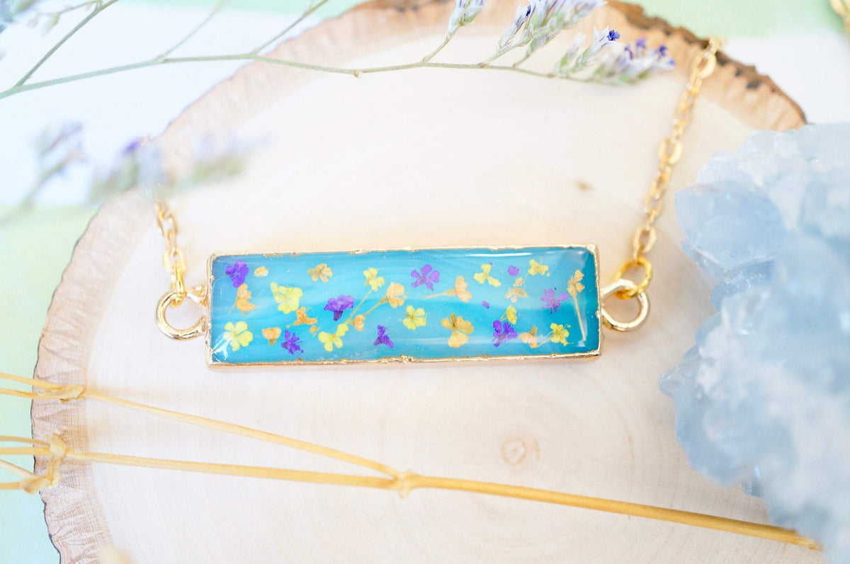 Real Dried Flowers and Resin Necklace, Blue Bar Gold Agate Geode in Purple Orange Yellow