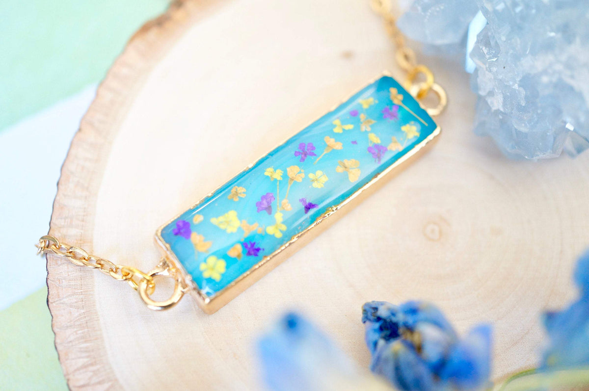 Real Dried Flowers and Resin Necklace, Blue Bar Gold Agate Geode in Purple Orange Yellow