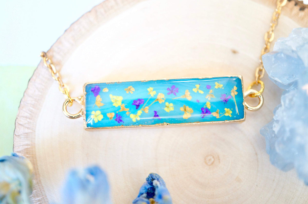 Real Dried Flowers and Resin Necklace, Blue Bar Gold Agate Geode in Purple Orange Yellow