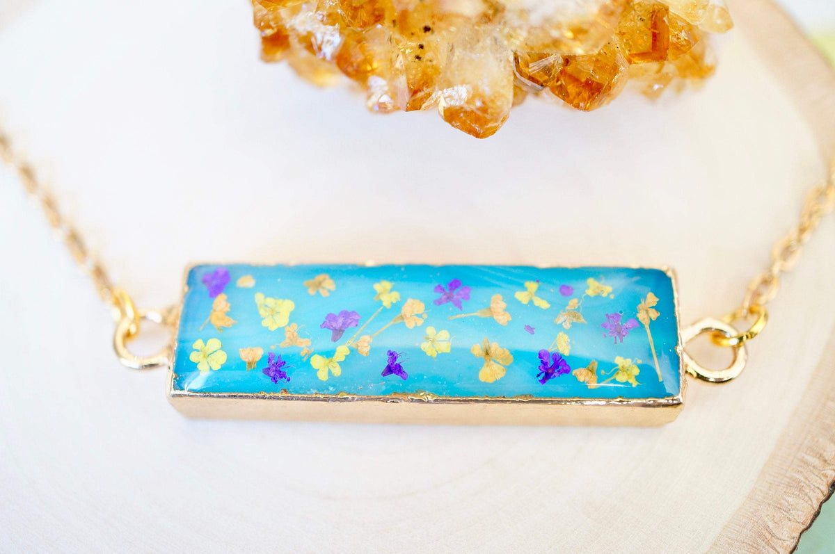 Real Dried Flowers and Resin Necklace, Blue Bar Gold Agate Geode in Purple Orange Yellow