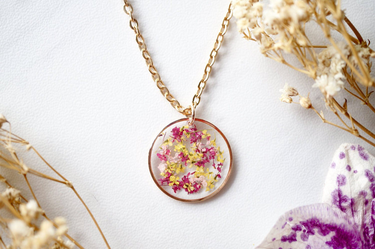 Rose Gold Circle in Magenta Pink Yellow Dried Flowers Resin Necklace