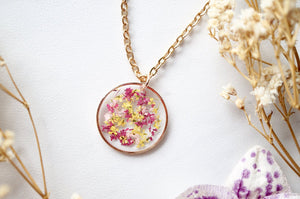 Rose Gold Circle in Magenta Pink Yellow Dried Flowers Resin Necklace