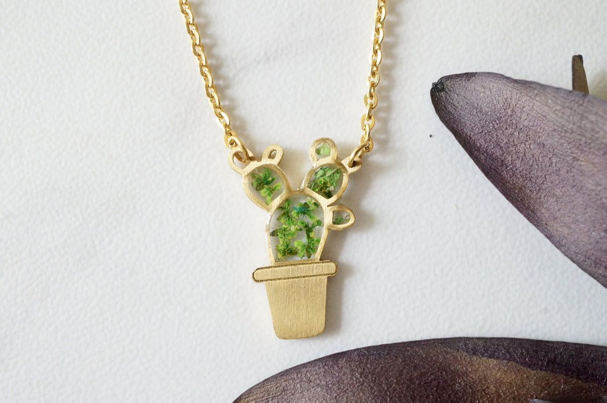 Real Pressed Flowers Necklace, Gold Cactus in Green