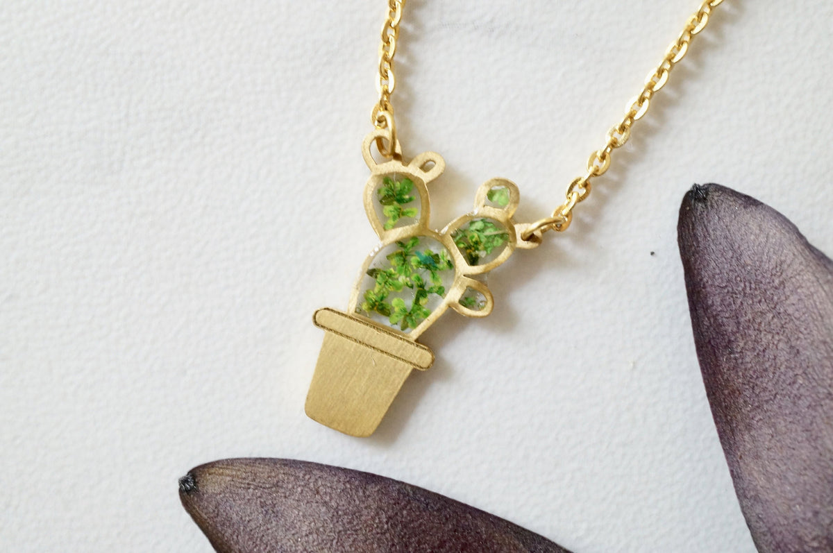 Real Pressed Flowers Necklace, Gold Cactus in Green