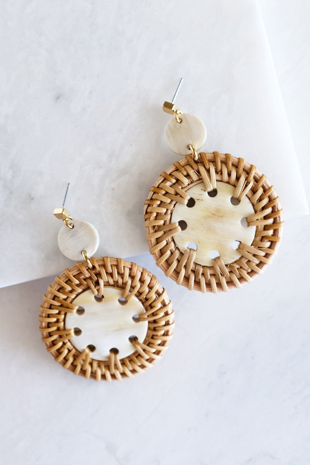 Thuy Binh Buffalo Horn &amp; Handwoven Rattan Dangle Earrings