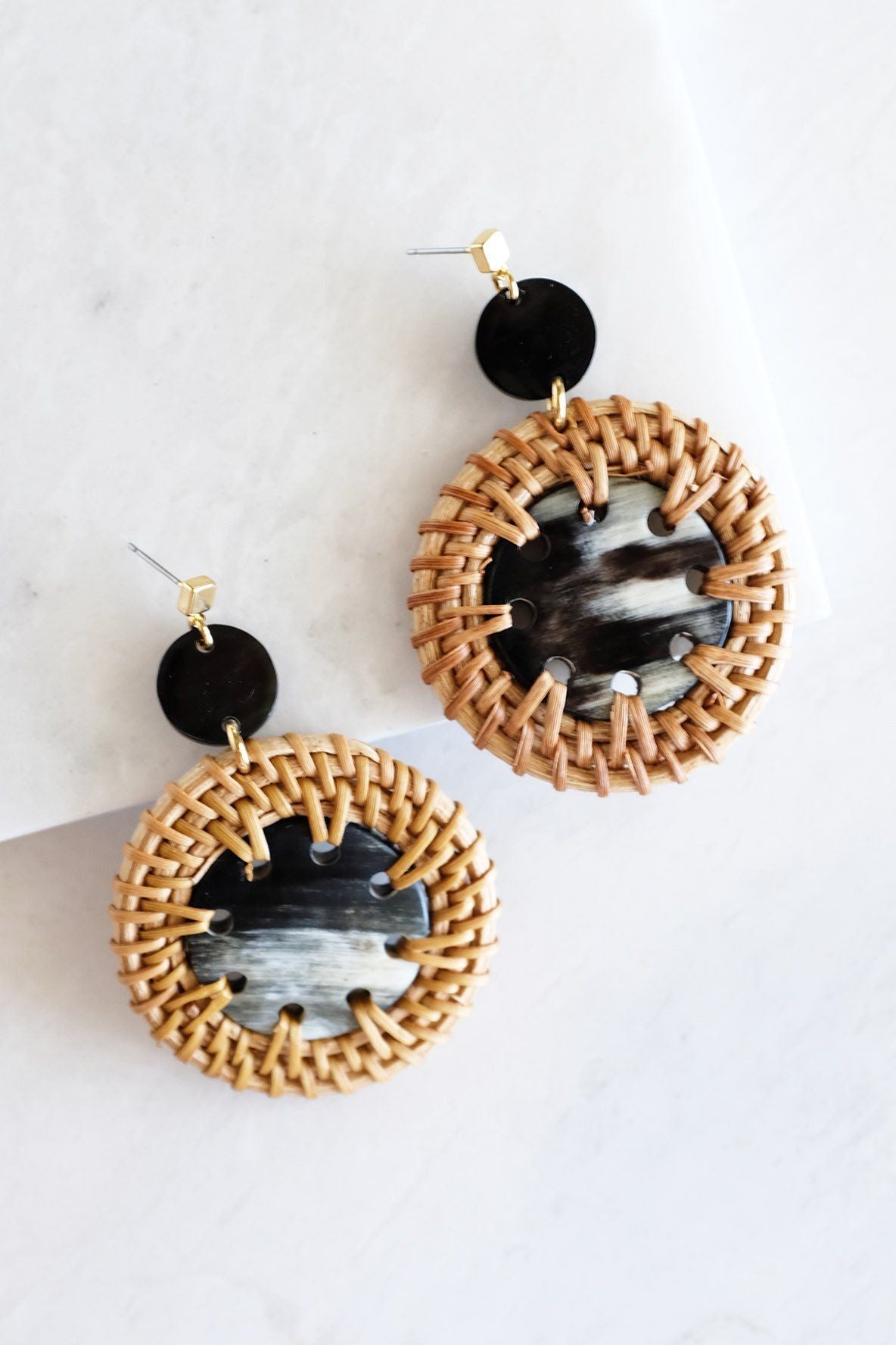 Thuy Binh Buffalo Horn &amp; Handwoven Rattan Dangle Earrings