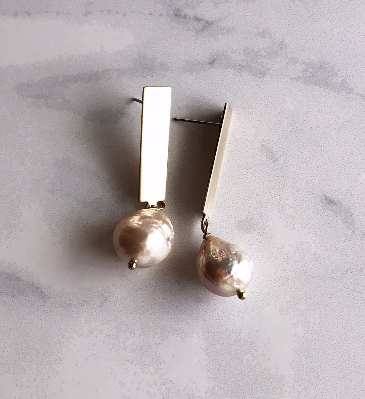 Pearl Stick Earrings - Brushed Brass