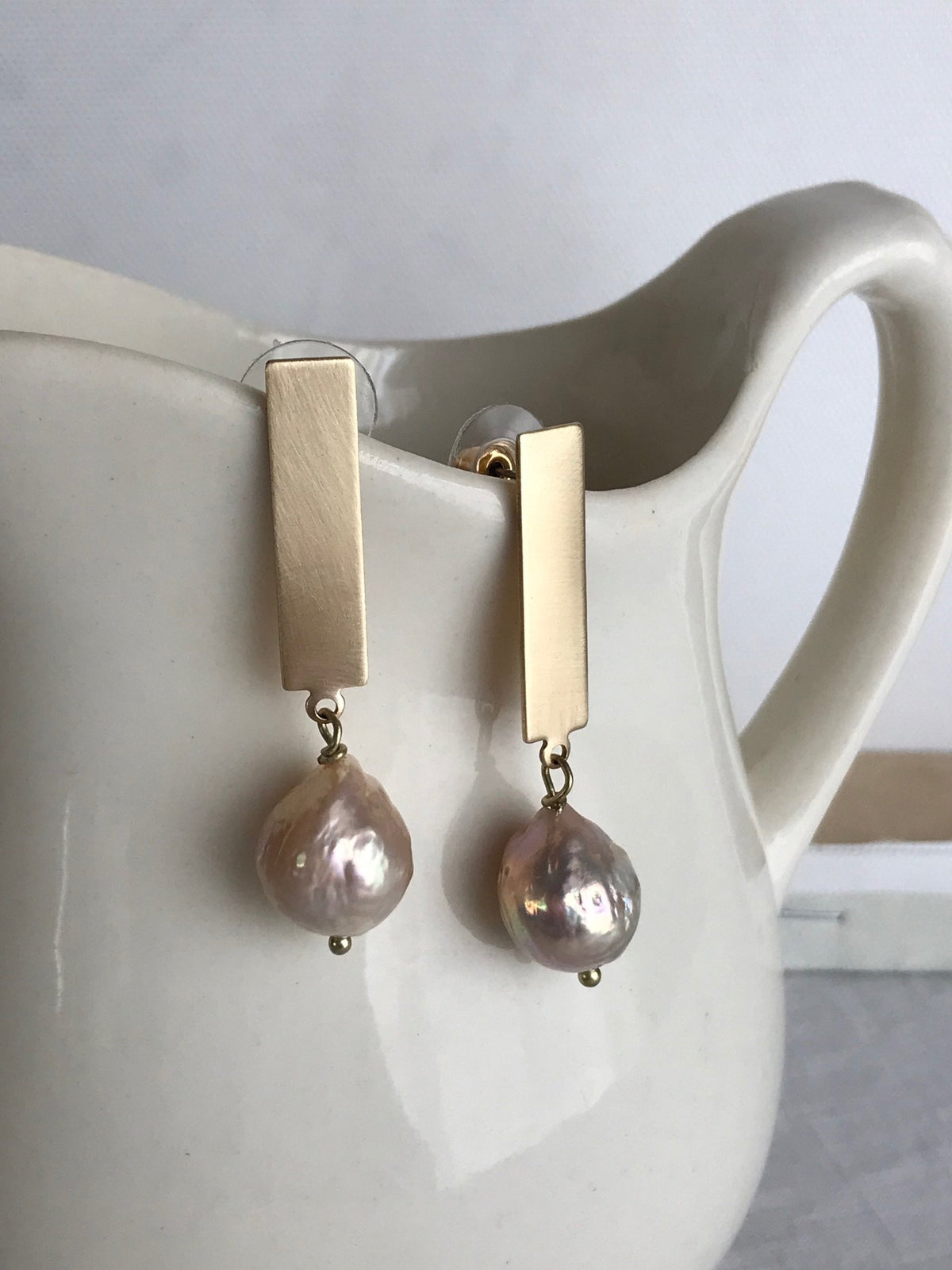 Pearl Stick Earrings - Brushed Brass