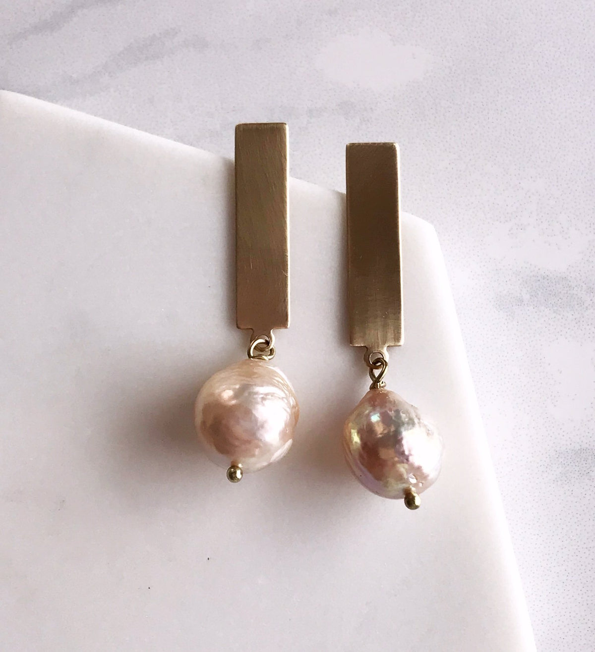 Pearl Stick Earrings - Brushed Brass
