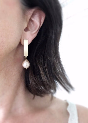 Pearl Stick Earrings - Brushed Brass