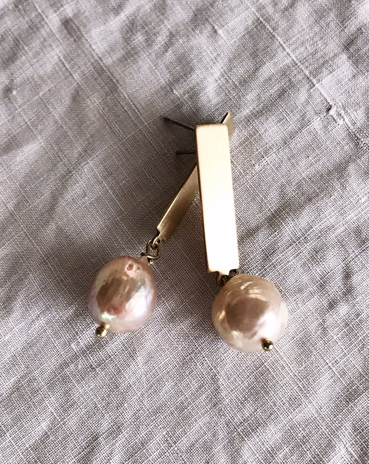 Pearl Stick Earrings - Brushed Brass