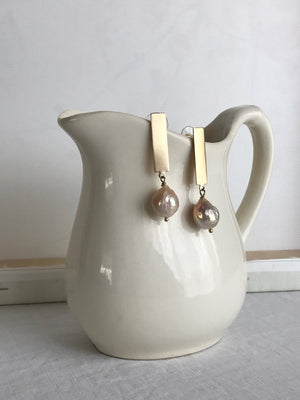 Pearl Stick Earrings - Brushed Brass